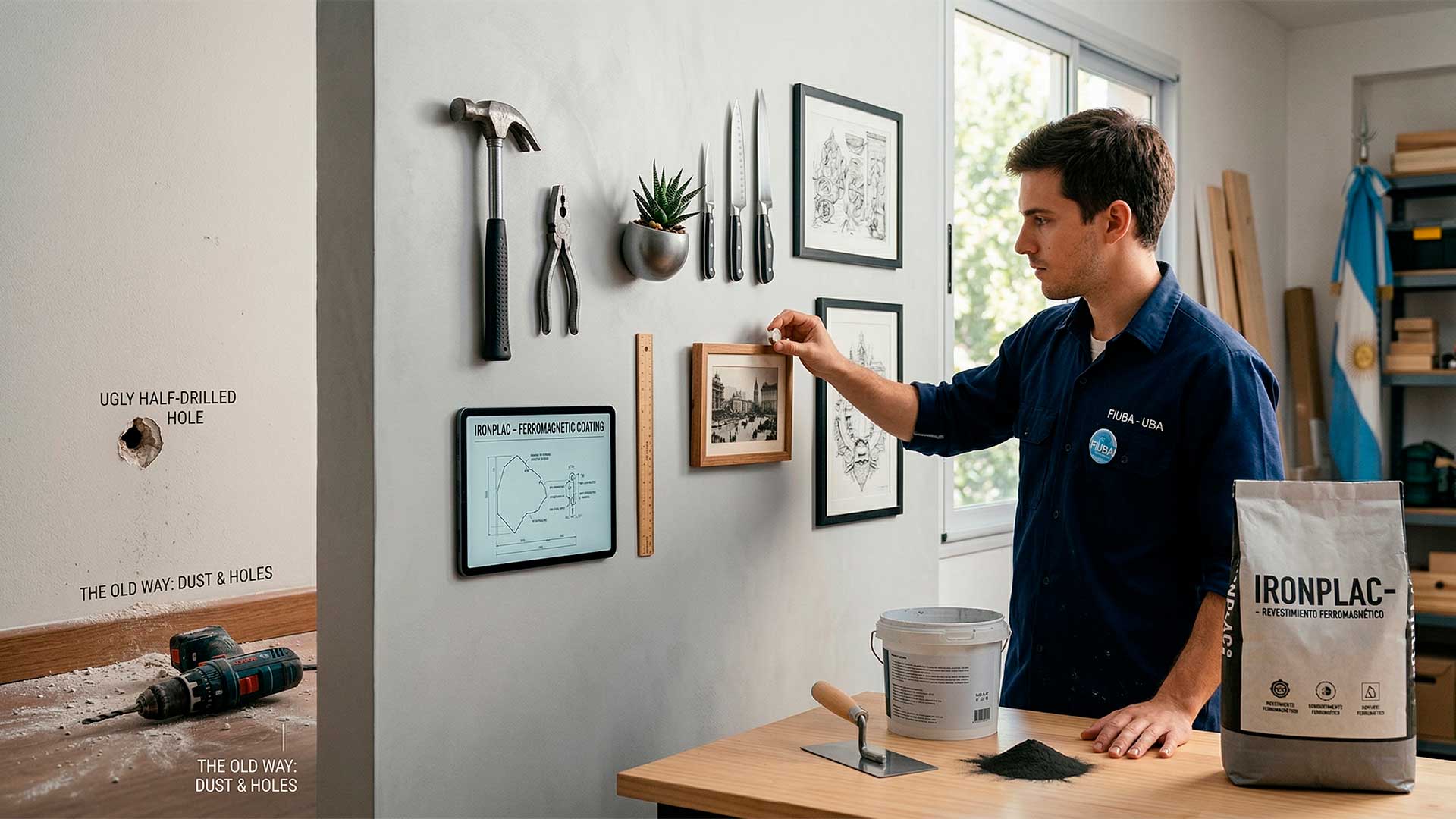 Adeus furos e pregos na parede, estudante de 29 anos cria revestimento para paredes que promete transformar qualquer superfície em área magnética para objetos com ímãs