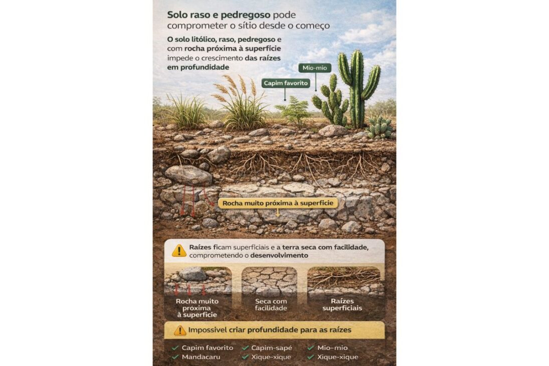 En un sitio, plantas indicadoras revelan suelo raso, brejo y señales de terreno problemático antes de la compra.