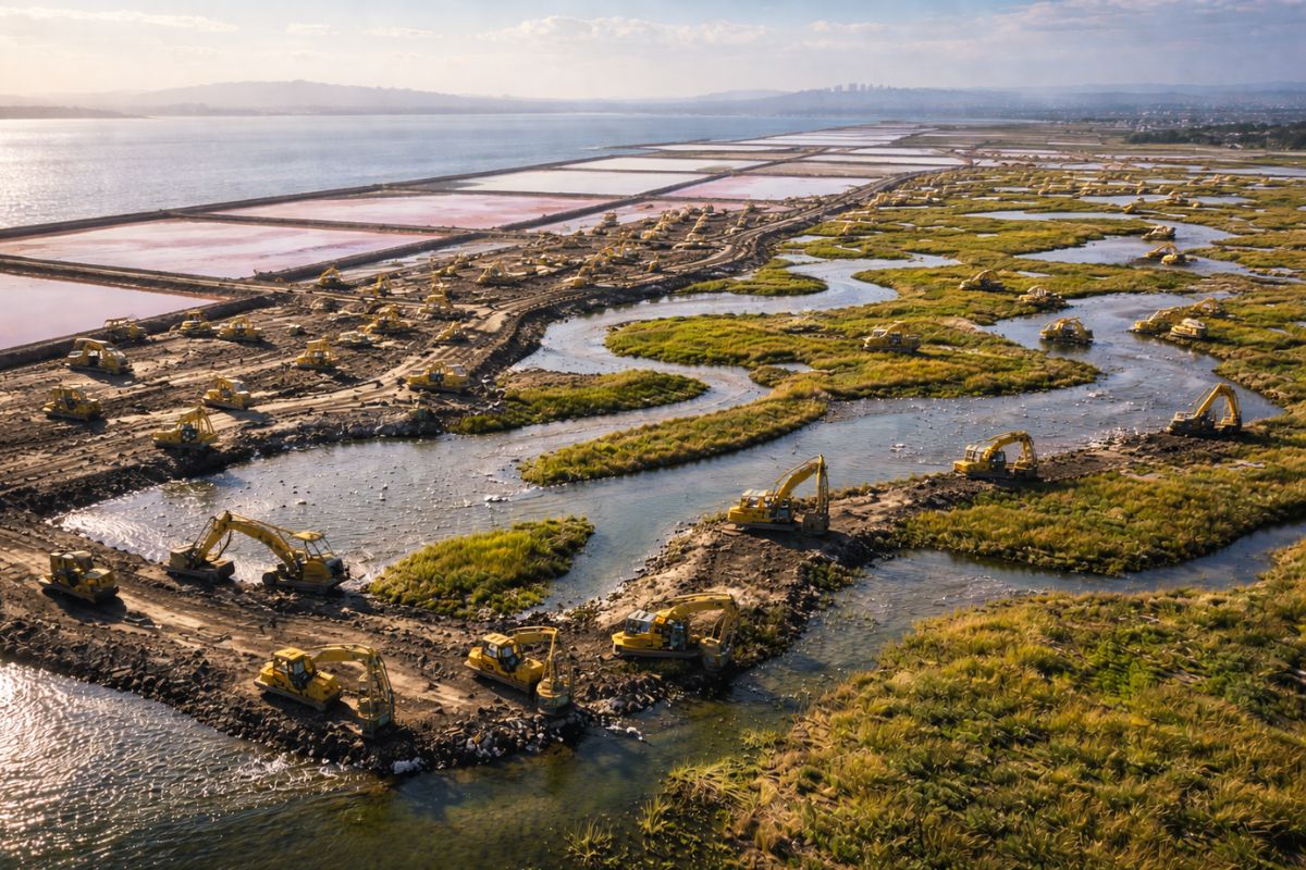 Califórnia converte antigas salinas da Baía de São Francisco em áreas úmidas para conter enchentes e responder à elevação do mar com uma defesa costeira de longo prazo.