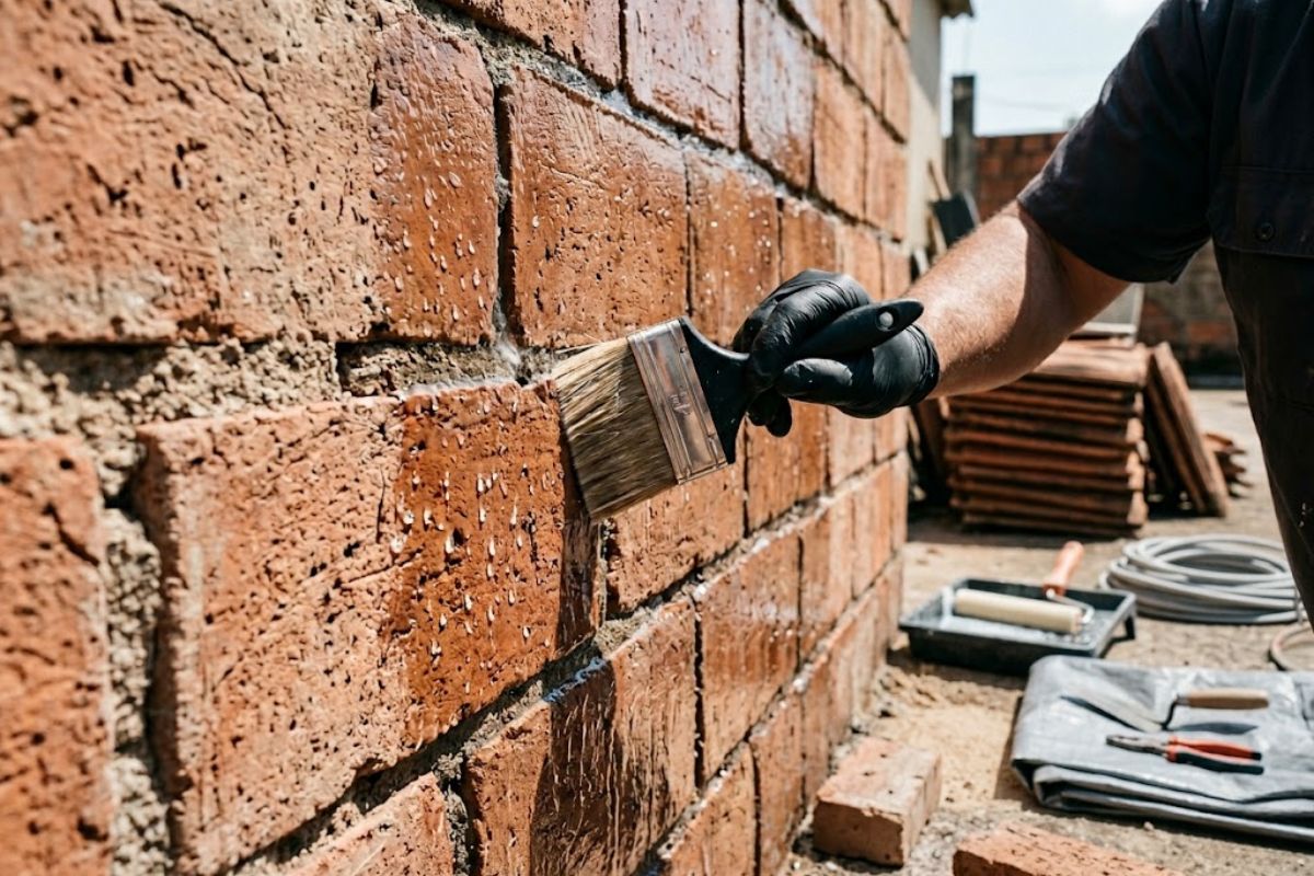 Resina acrílica à base de água ajuda na infiltração de água em tijolos aparentes com aplicação de resina acrílica e impermeabilização de superfícies em telhas e pisos. imagem: IA