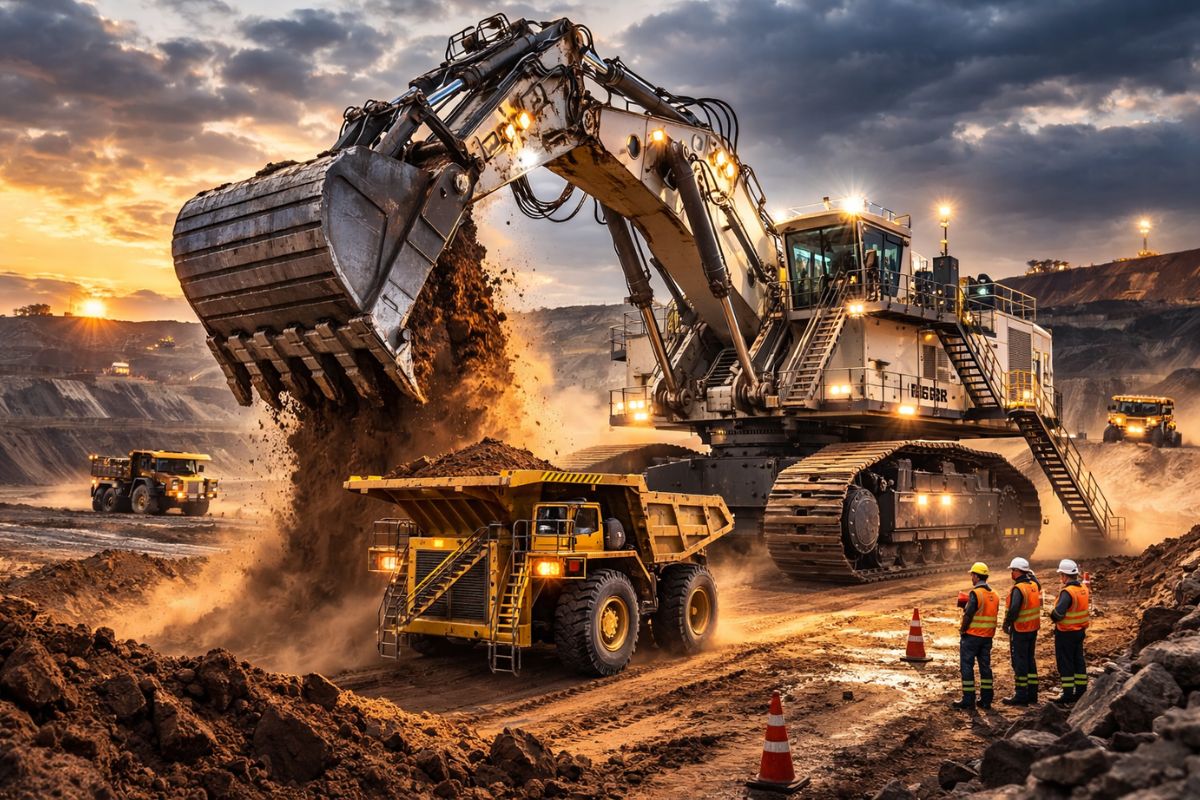 Austrália põe a Liebherr R9800 no centro da mineração com caçamba gigante para mover areias minerais e explicar a escala da operação.