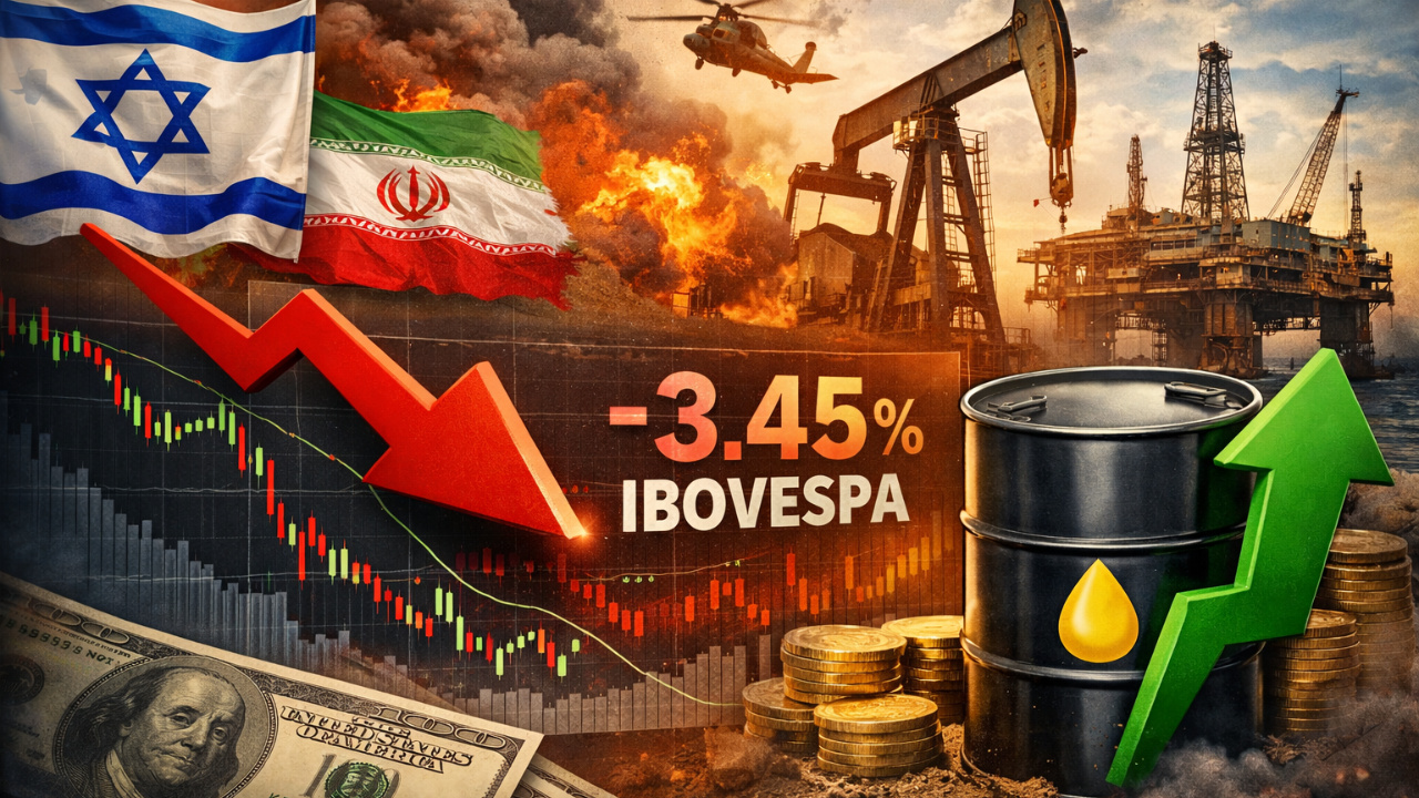 Conflito no Oriente Médio eleva preço do petróleo, aumenta aversão ao risco e pressiona bolsa de valores com queda do Ibovespa.
