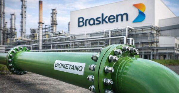 Tubulação de biometano em primeiro plano diante de unidade industrial da Braskem no Polo Petroquímico de Triunfo, no Rio Grande do Sul