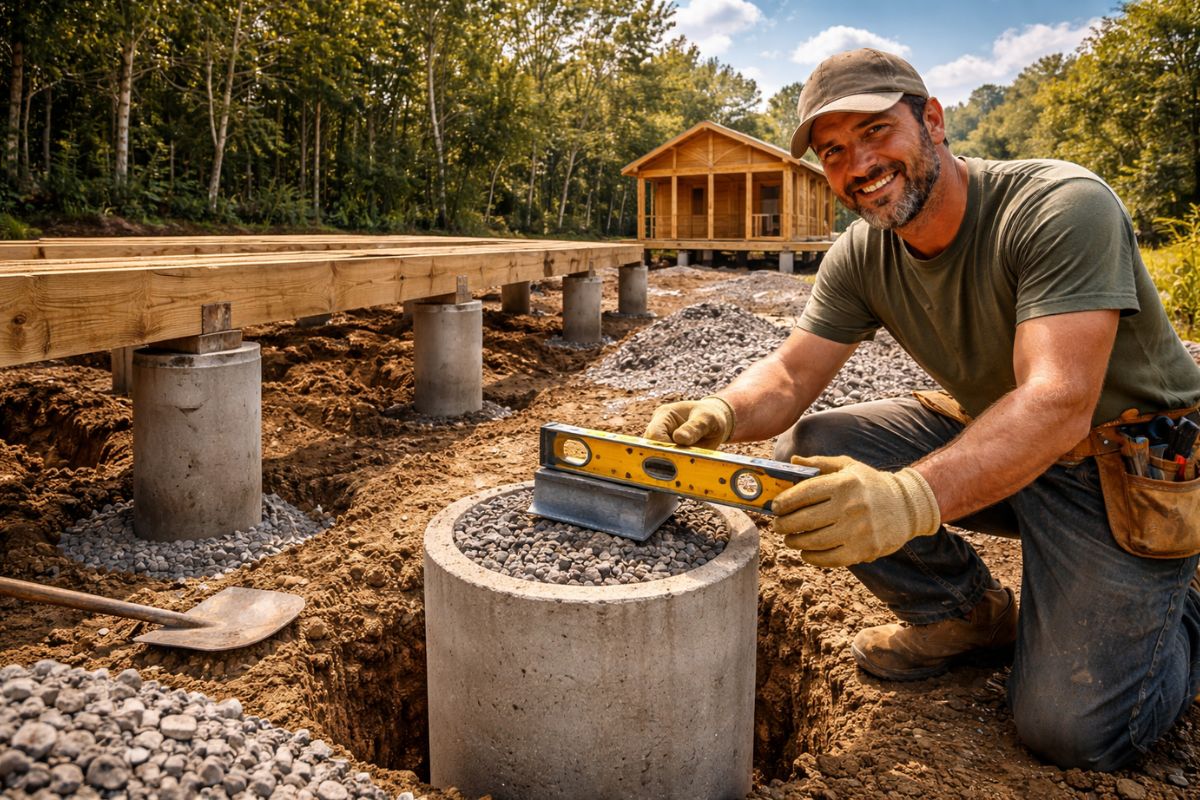 Carpinteiro mostra como fazer fundação rápida e barata com manilhas de concreto para casa de madeira, usando furos de 1 metro, brita compactada e pilares