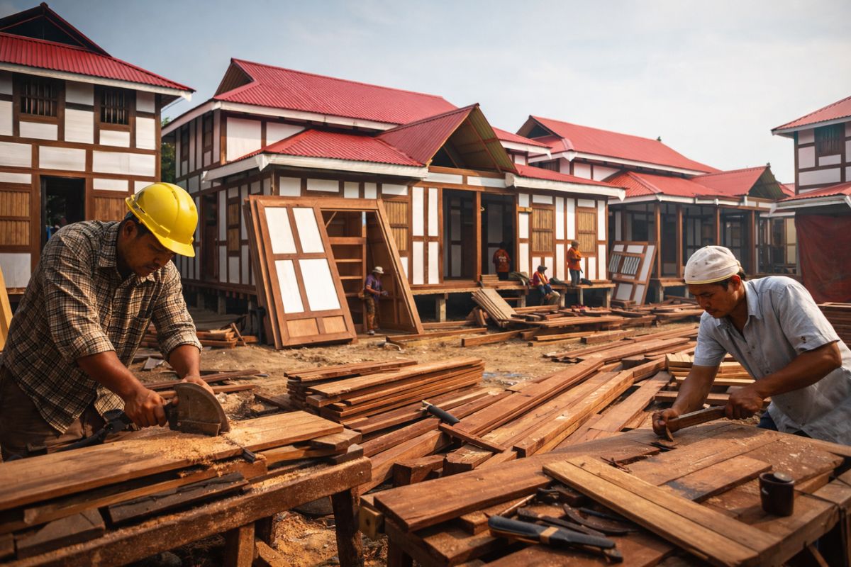 Casas pré-fabricadas, casa modular, carpinteiros e construção de madeira criam moradia móvel resistente em Bangladesh, solução rápida e barata para áreas com enchentes. imagem: IA