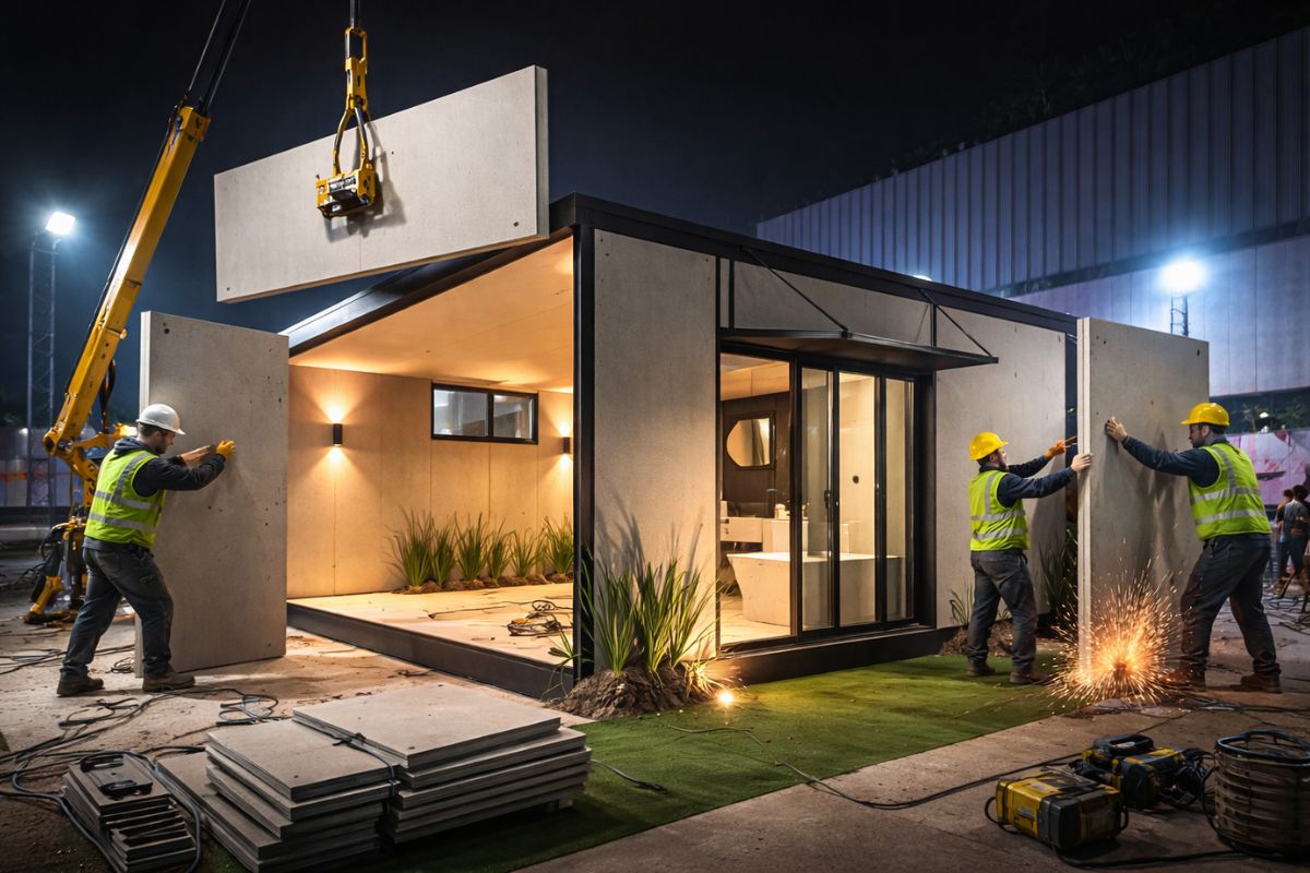 Casa construída em menos de 2 horas revela sistema construtivo com painéis cimentícios e construção modular que pode transformar a construção civil.