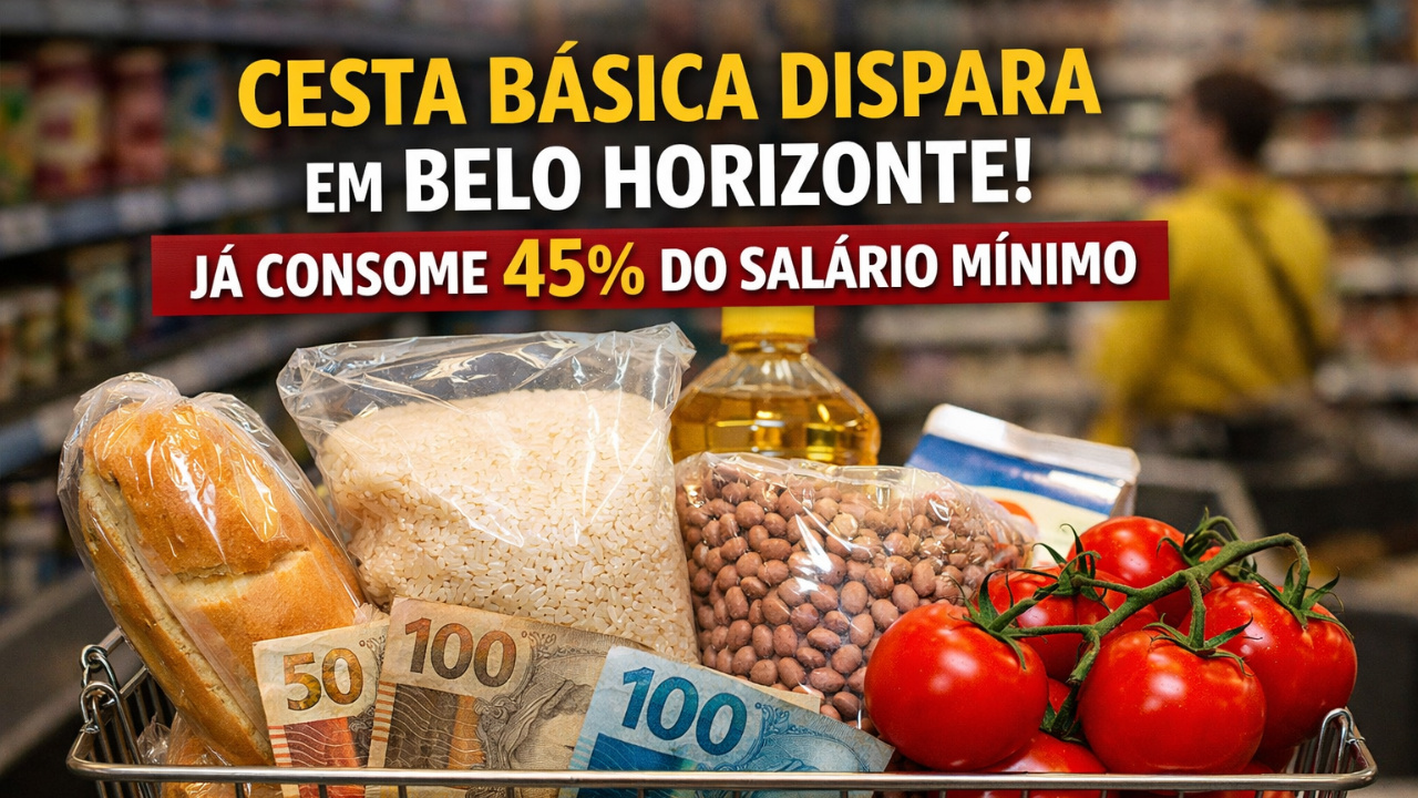 Cesta básica em Belo Horizonte sobe e já compromete 45% do salário mínimo; arroz, feijão e tomate puxam alta no preço dos alimentos.