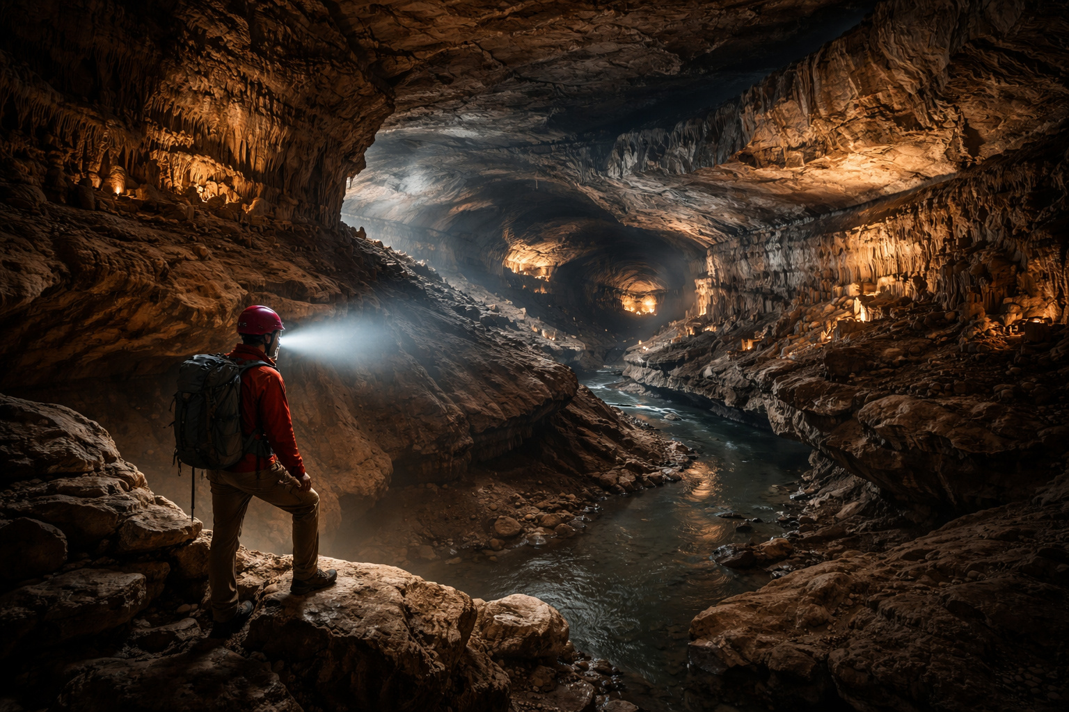 Interior da Mammoth Cave em Kentucky mostrando galerias subterrâneas gigantes com rio interno e formações rochosas do maior sistema de cavernas do mundo.