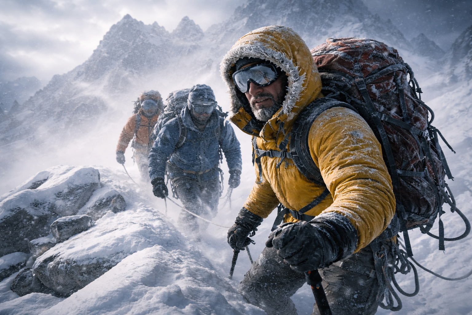 Alpinistas avançam por montanha coberta de neve em condições extremas, ilustrando o fenômeno psicológico da síndrome do terceiro homem em expedições de alta altitude.