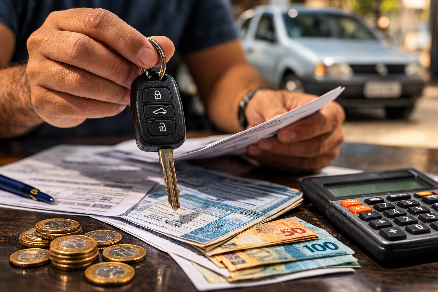 Chaves de carro sobre documentos e calculadora simbolizando debate sobre isenção do IPVA para veículos com mais de 10 anos no Congresso.