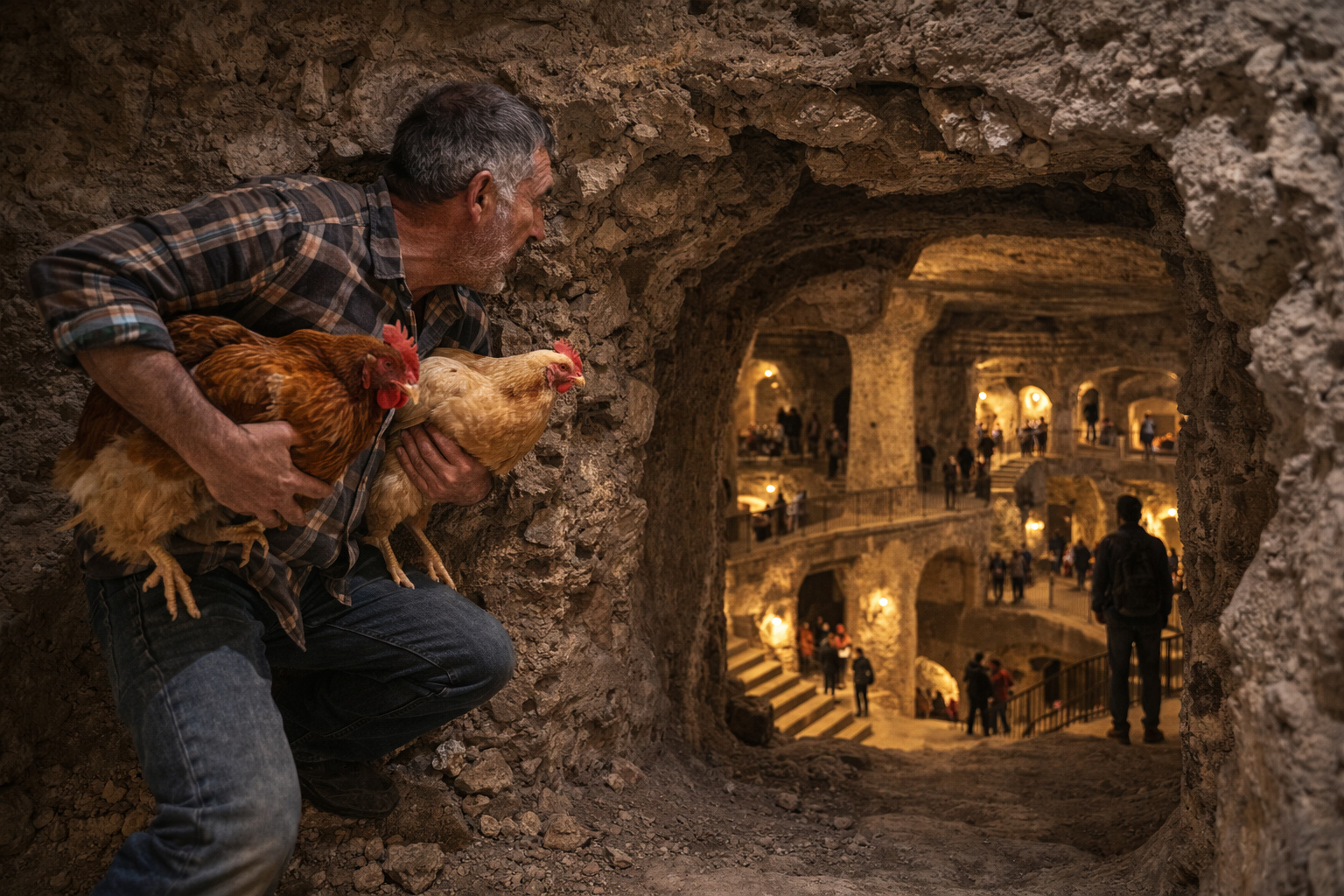 Homem encontra passagem para a cidade subterrânea de Derinkuyu ao procurar galinhas no porão de casa na Capadócia