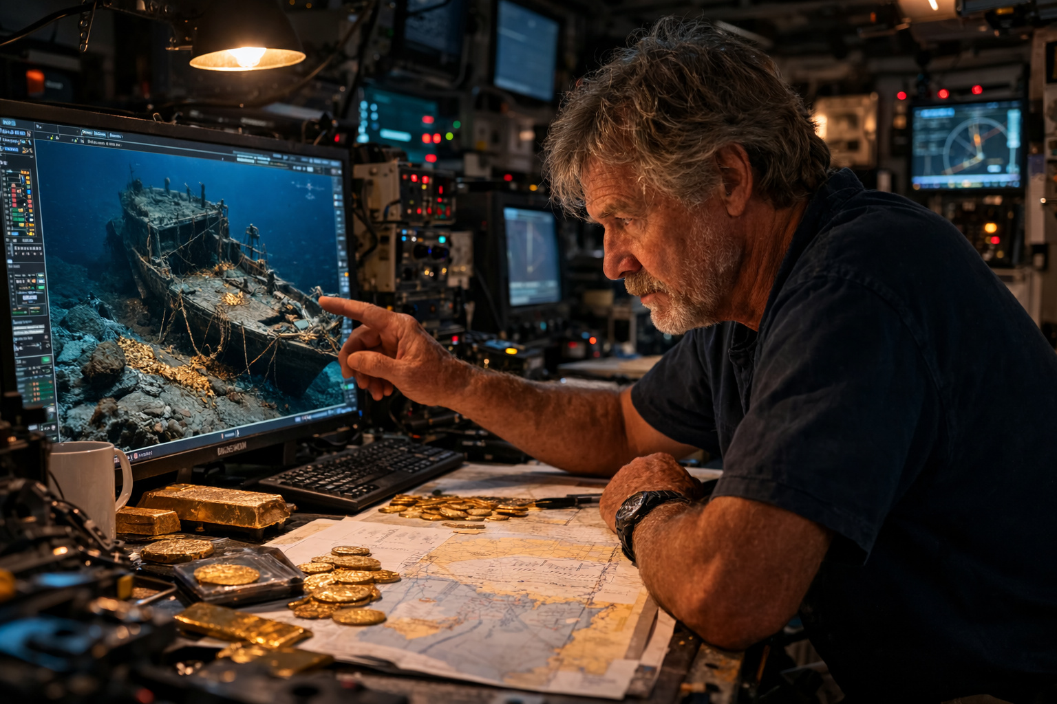 Explorador marítimo analisa imagens de naufrágio e moedas de ouro ligadas ao SS Central America em sala de monitoramento subaquático.