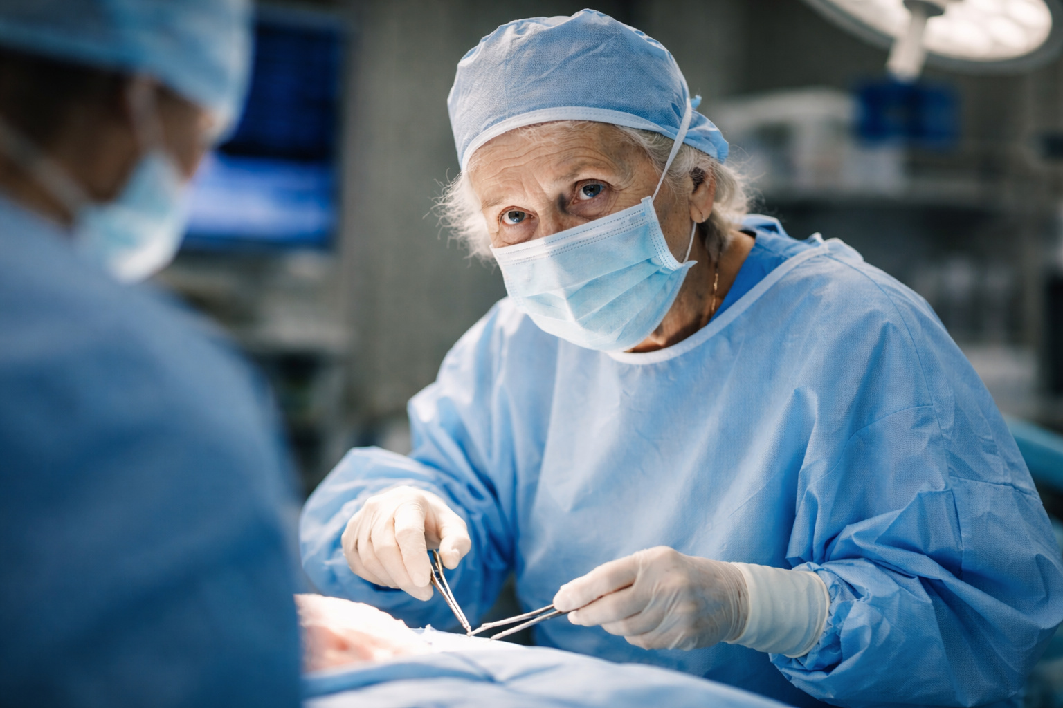 Cirurgiã idosa de 90 anos realizando procedimento cirúrgico em sala de operação no Hospital de Ryazan, representando a longa carreira médica de Alla Levushkina.