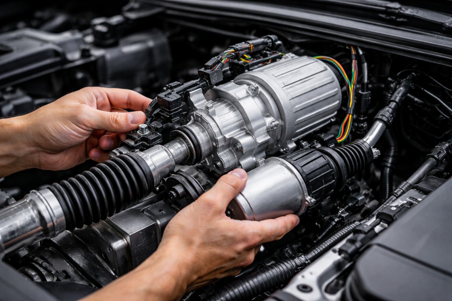 Mecânico ajustando sistema de direção elétrica de um carro moderno com motor elétrico e componentes eletrônicos visíveis no compartimento do veículo.