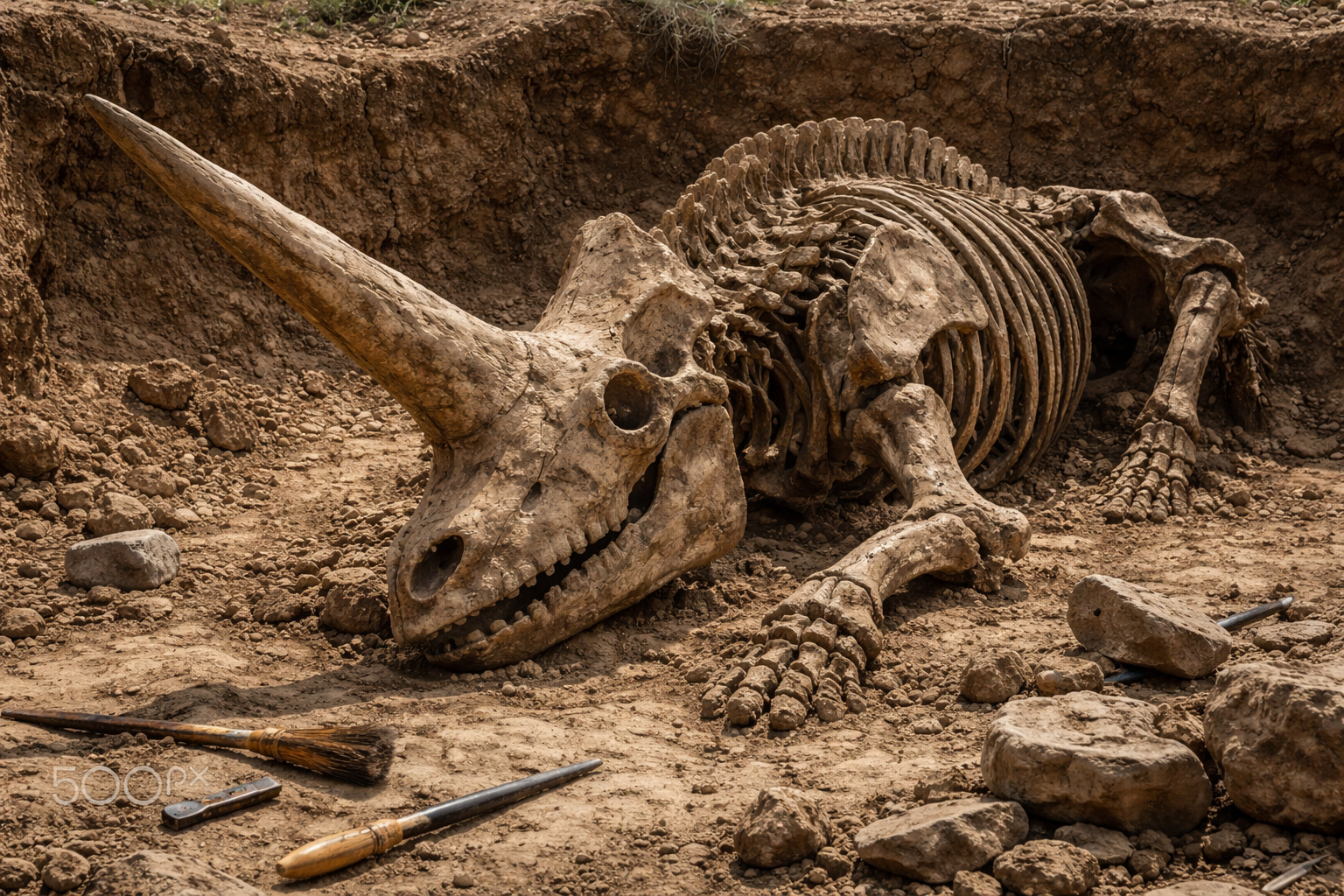 Fóssil do Elasmotherium sibiricum, conhecido como unicórnio siberiano, escavado em solo arqueológico com grande chifre único preservado.