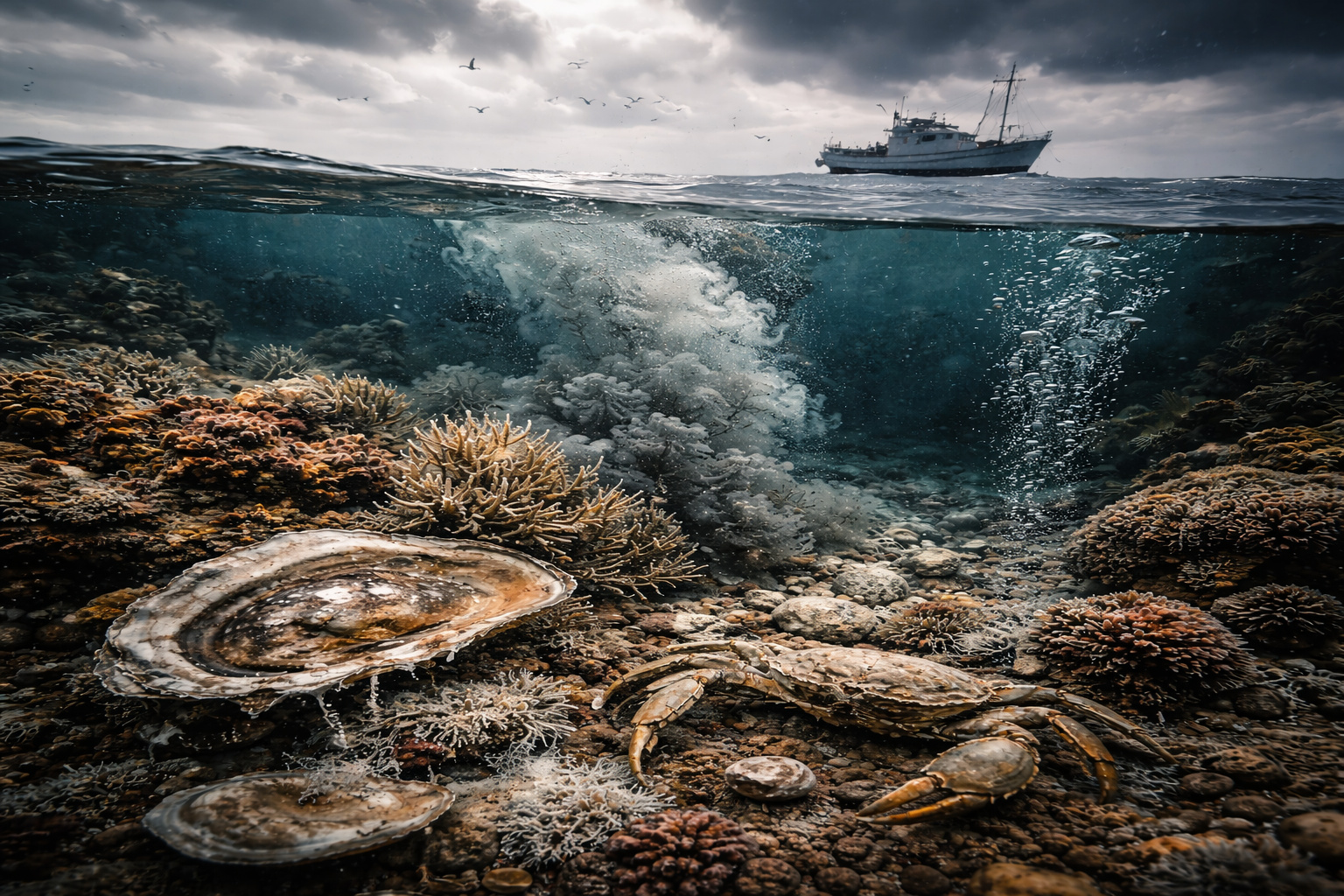 Cena subaquática mostrando conchas e caranguejo sobre recife com bolhas ascendentes e barco de pesca na superfície, ilustrando a acidificação do oceano e seus impactos na vida marinha.