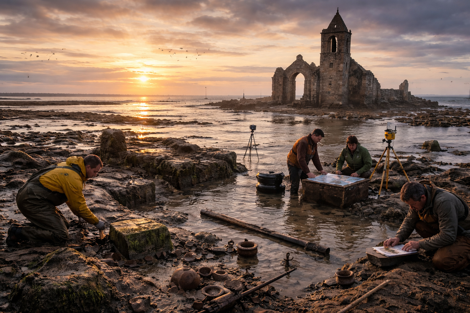 Arqueólogos trabalham durante a maré baixa no mar de Wadden enquanto escavam ruínas da cidade medieval Rungholt, com igreja submersa ao fundo.