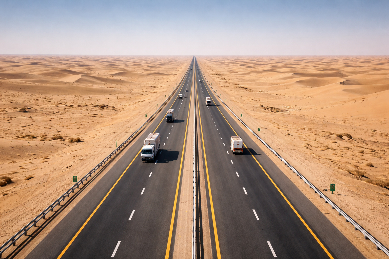 Rodovia 10 com trecho totalmente reto atravessando o deserto do Rub’ al Khali, na Arábia Saudita, com caminhões em tráfego intenso sob céu limpo.
