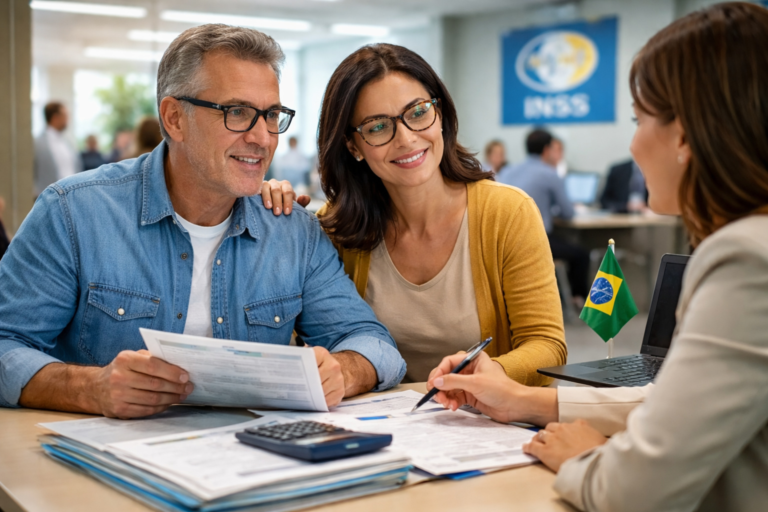 Trabalhador com óculos de grau analisando documentos de aposentadoria em atendimento no INSS, acompanhado por atendente em escritório.