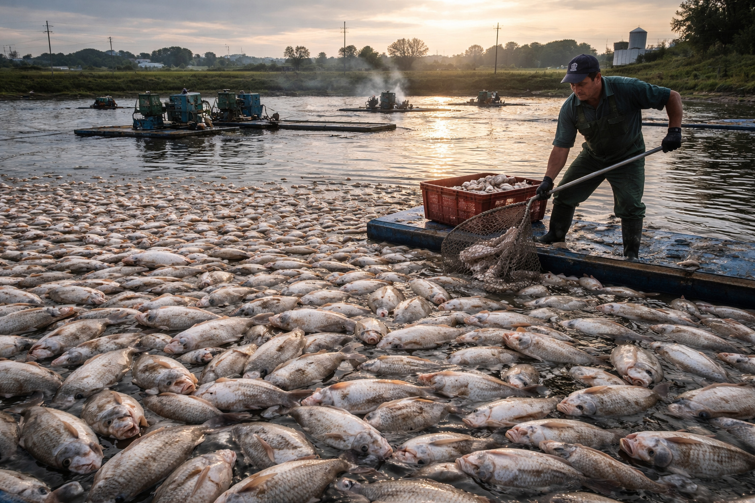 Produtor rural retira tilápias mortas de tanque após queda de energia comprometer oxigenação em propriedade de Tupãssi no Paraná.
