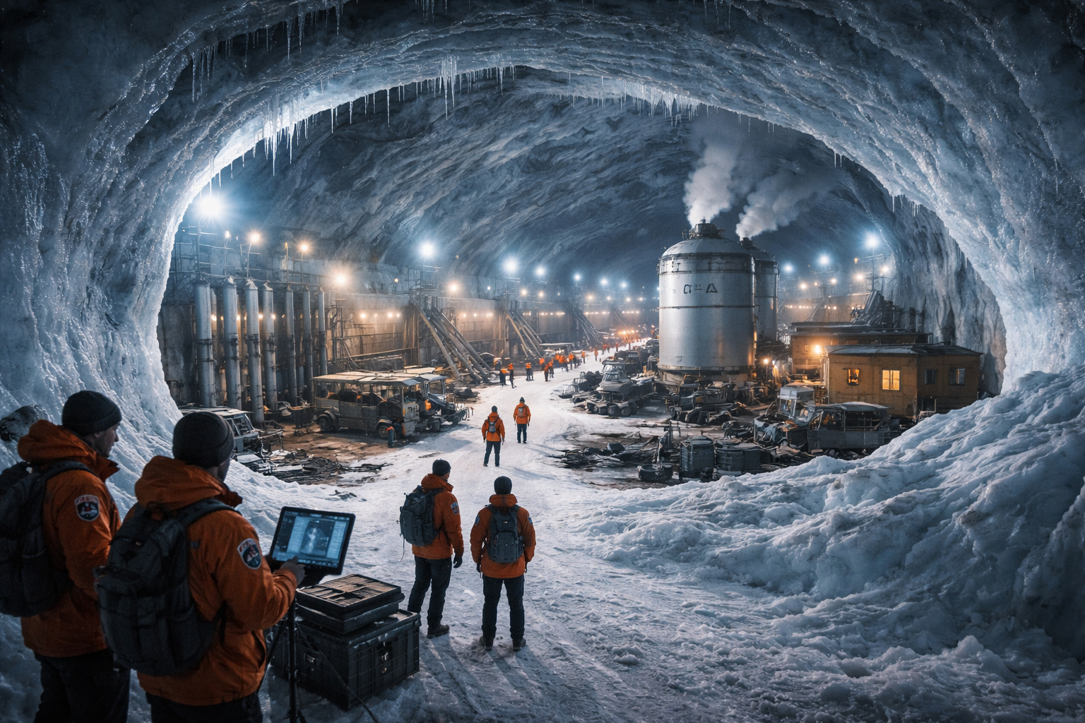 Base militar Camp Century sob o gelo da Groenlândia com túneis subterrâneos, estrutura industrial e reator nuclear da Guerra Fria identificados pela NASA.