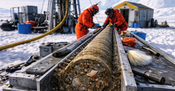 Cientistas analisam núcleo de sedimentos retirado após perfuração de 523 metros sob o gelo da Antártida durante pesquisa climática.