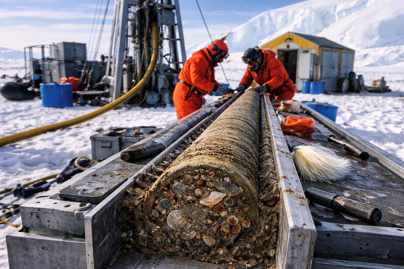 Cientistas analisam núcleo de sedimentos retirado após perfuração de 523 metros sob o gelo da Antártida durante pesquisa climática.
