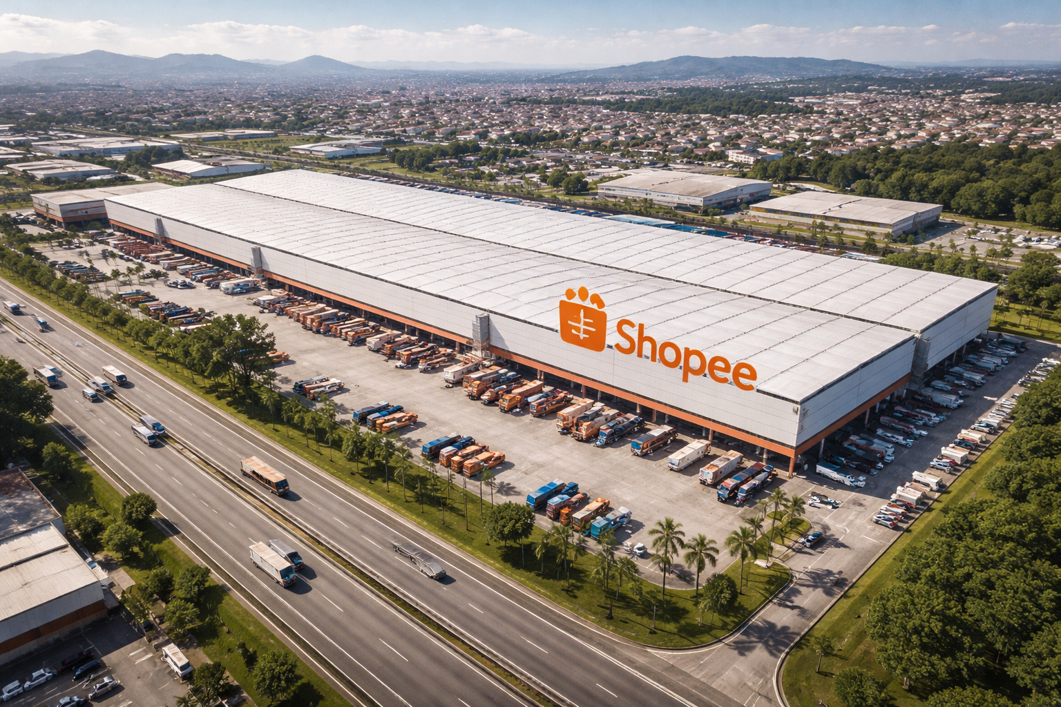 Centro logístico gigante com caminhões e galpão industrial próximo à Rodovia Presidente Dutra em Guarulhos, representando a expansão logística da Shopee no Brasil.