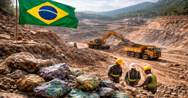 Mineração de terras-raras no Brasil com escavadeiras, caminhões e trabalhadores em mina a céu aberto, destacando o potencial mineral estratégico do país.