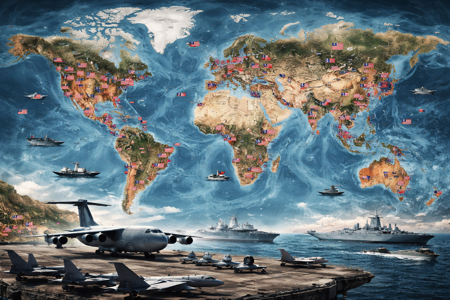 Mapa mundial ilustrando a presença global das bases militares dos Estados Unidos, com navios de guerra, caças, avião militar e instalações estratégicas distribuídas por vários continentes.