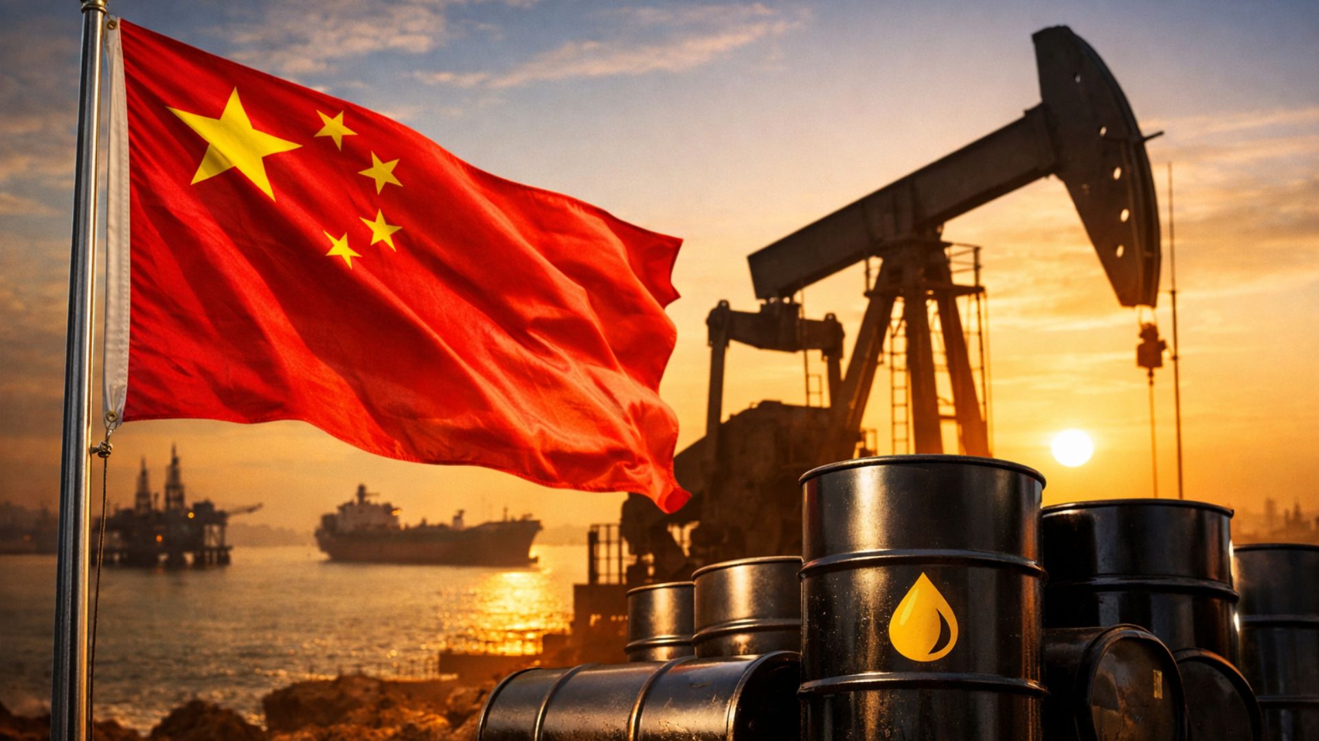 Bandeira da China ao lado de barris de petróleo e bomba de extração com navio petroleiro ao fundo, representando dependência energética no estreito de Ormuz.