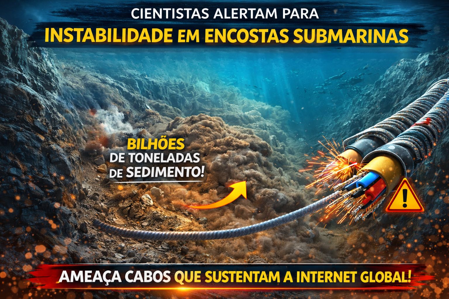 Cientistas alertam para instabilidade em encostas submarinas a 3.500 metros de profundidade que podem deslocar bilhões de toneladas de sedimento e ameaçar cabos que sustentam a internet global