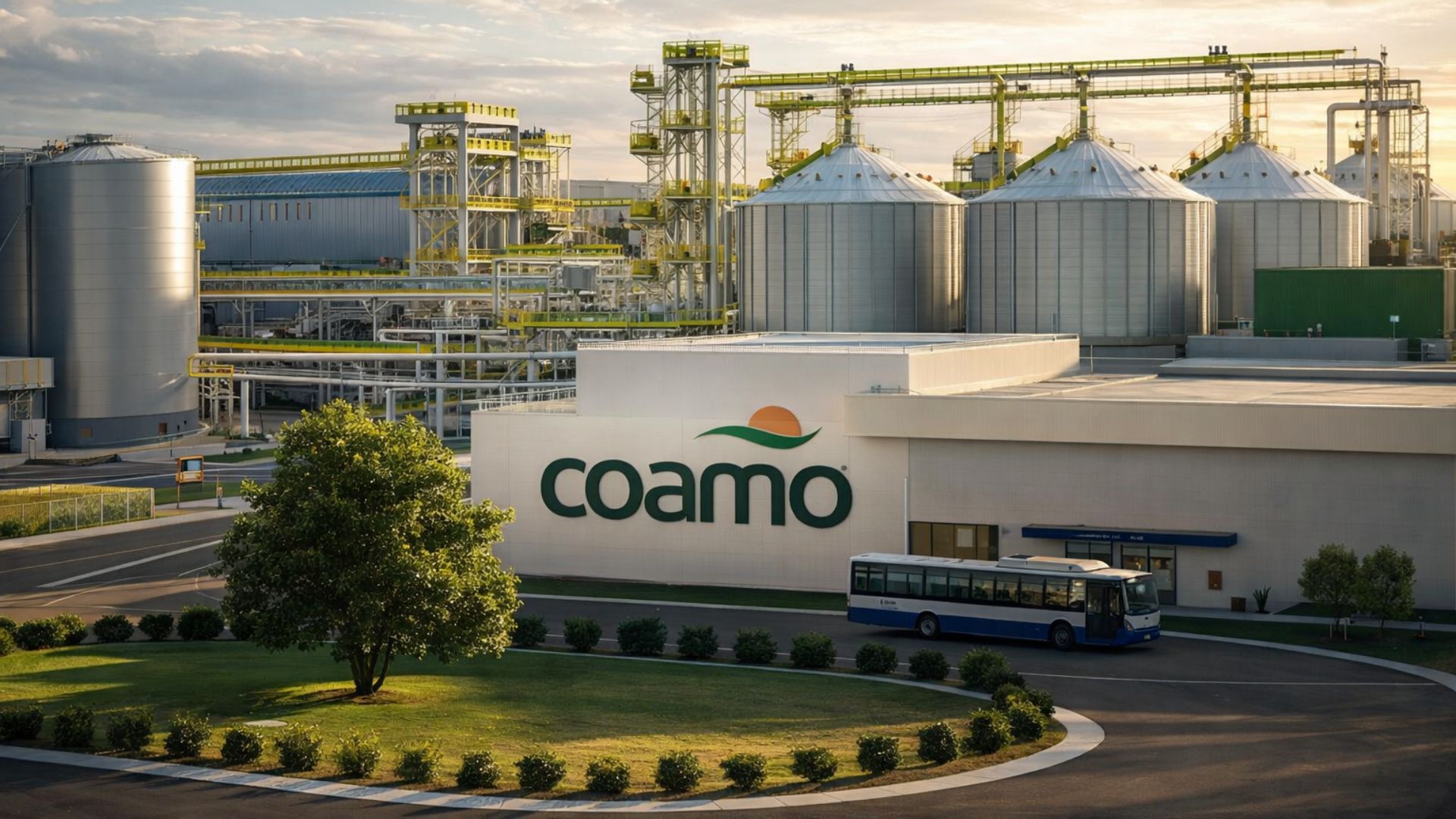 Usina de etanol de milho da Coamo em Campo Mourão com silos industriais e infraestrutura de processamento de biocombustíveis no Paraná.