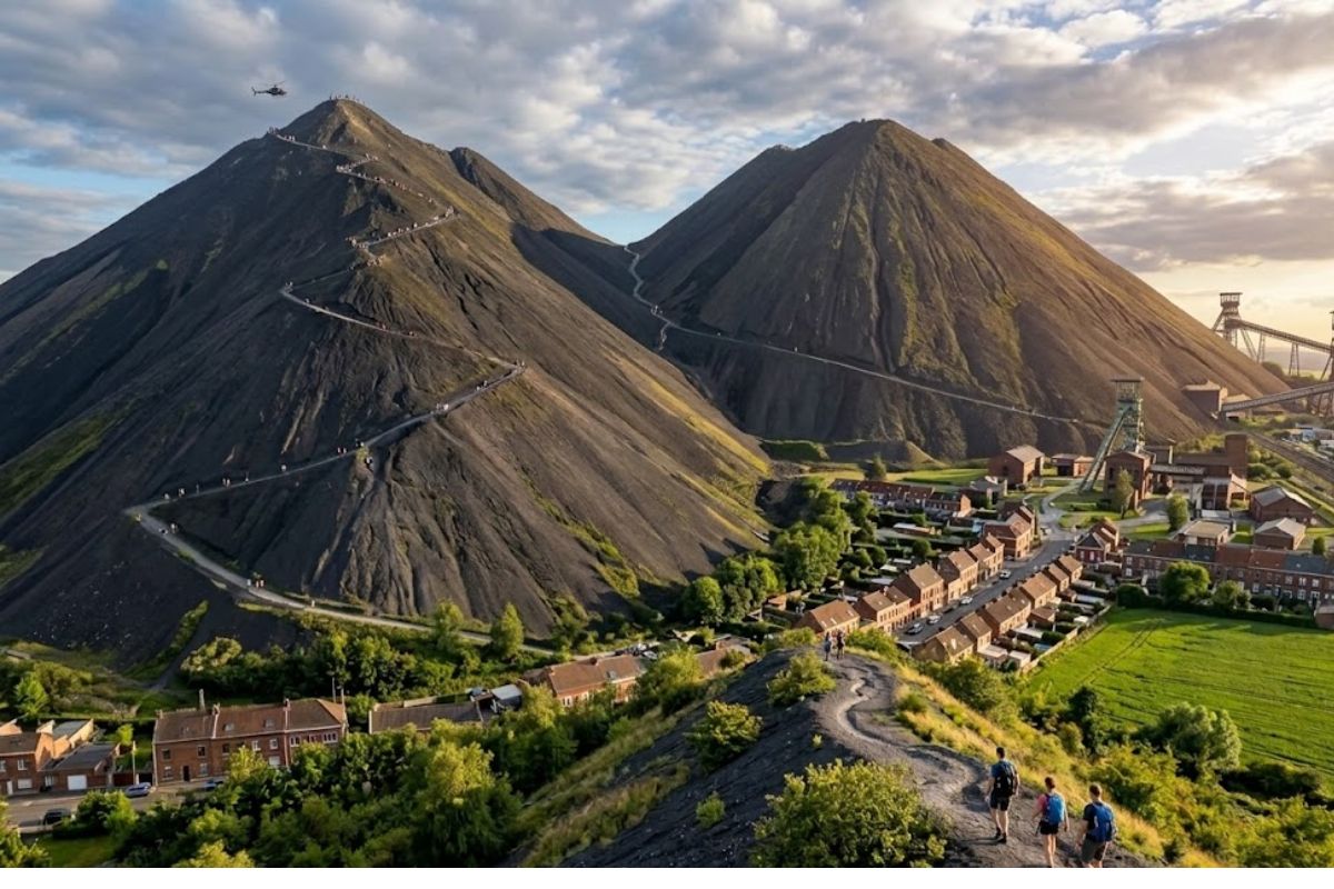 Montanhas criadas por resíduos da mineração viram monte de escória visitável na região mineradora, com trilhas panorâmicas e valorização do patrimônio industrial. imagem: IA