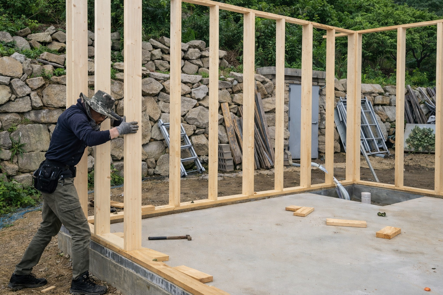 Coreanos constroem uma casa tradicional no alto de um penhasco na região montanhosa de Duamchodang