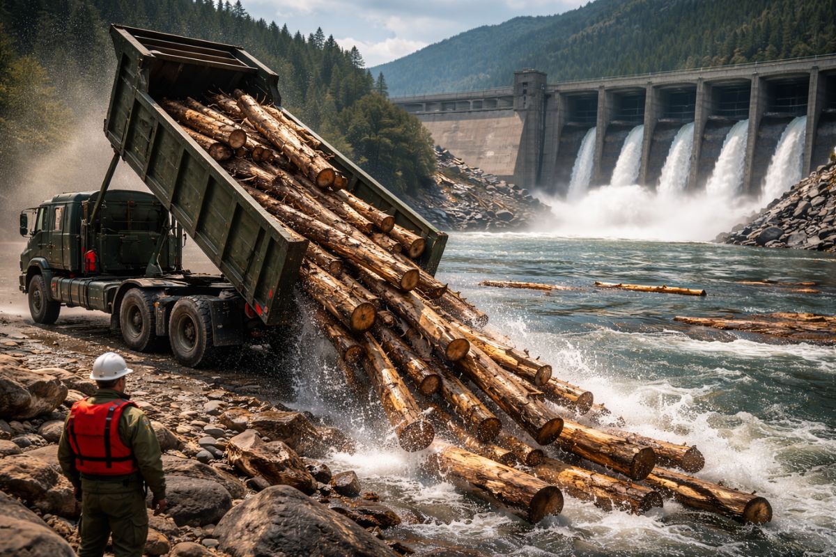 Engenheiros dos EUA usam madeira no rio Kootenai abaixo da barragem de Libby para tentar restaurar o fluxo perdido