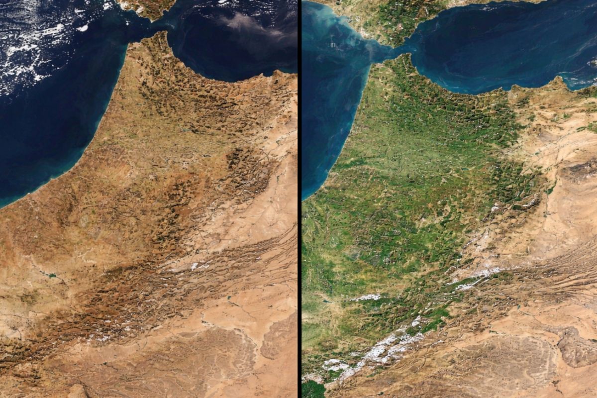 Depois de 7 anos de seca, chuvas recordes transformam Marrocos em um tapete verde visível do espaço, enchem reservatórios, garantem até 3 anos de água