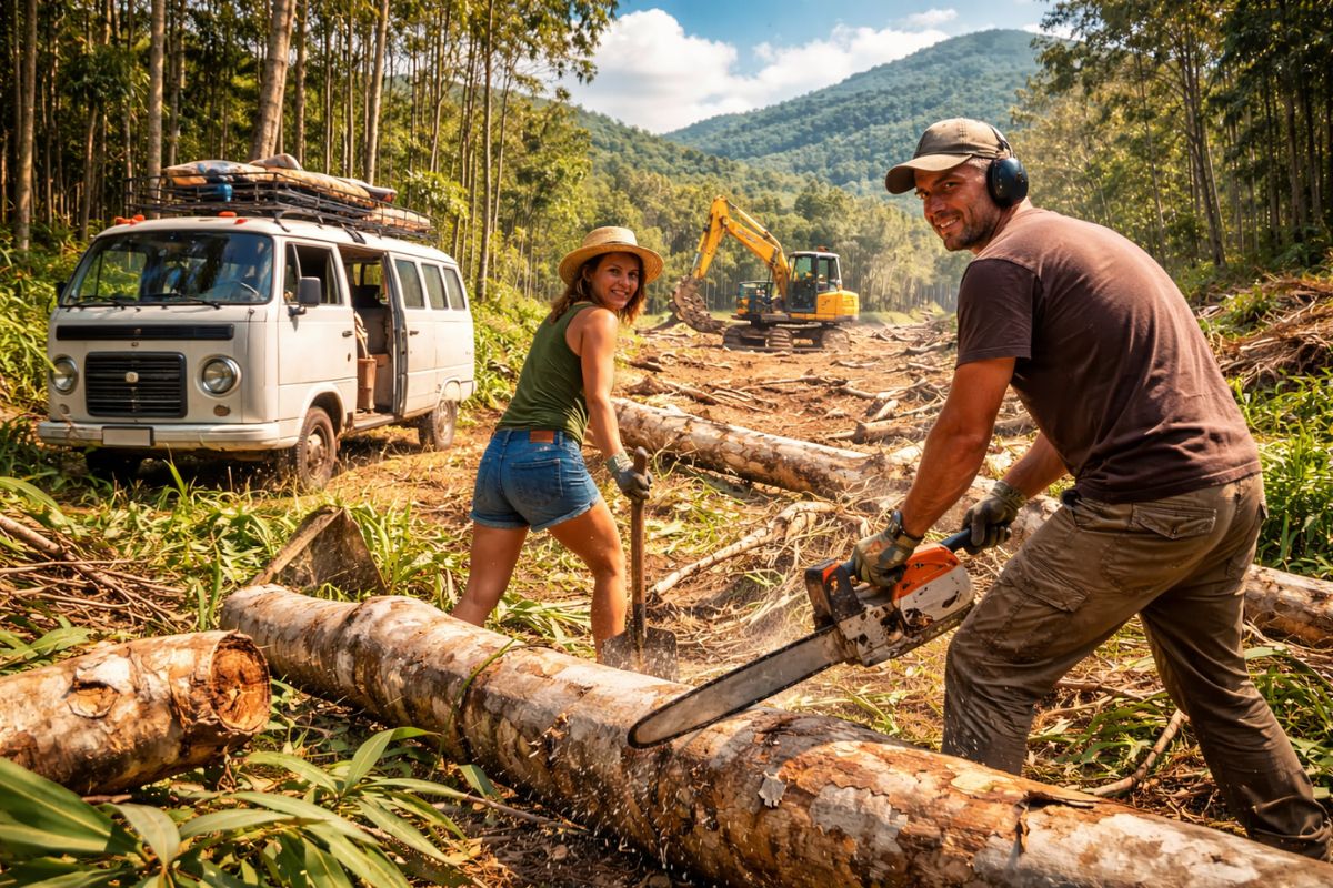 Depois de cruzar as Américas com uma Kombi de 1986, casal decide parar de viajar e começa do zero em um terreno em Santa Catarina, abrindo acesso, derrubando eucaliptos (2)