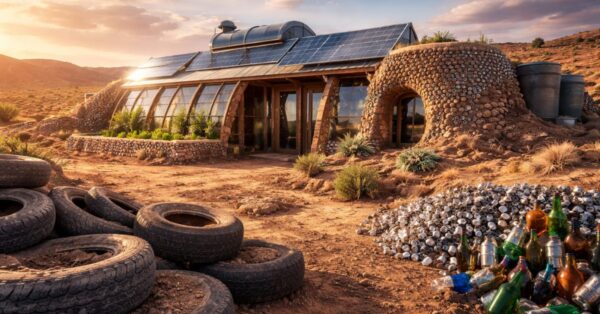 Casas Earthships usam pneus reciclados, energia solar e captação de chuva para manter 21 °C constantes no deserto sem rede pública.
