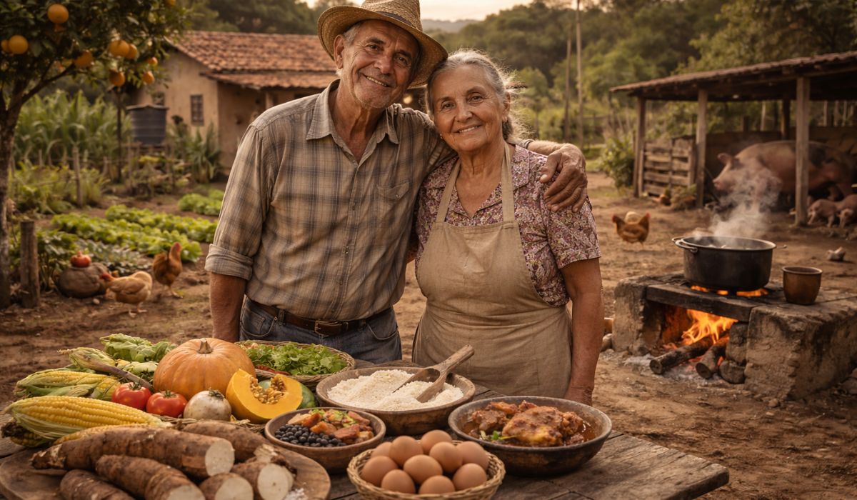 Casal vive há mais de 50 anos da própria terra, com produção no sítio e trocas entre vizinhos, quase sem depender do mercado. (Imagem: Ilustração)