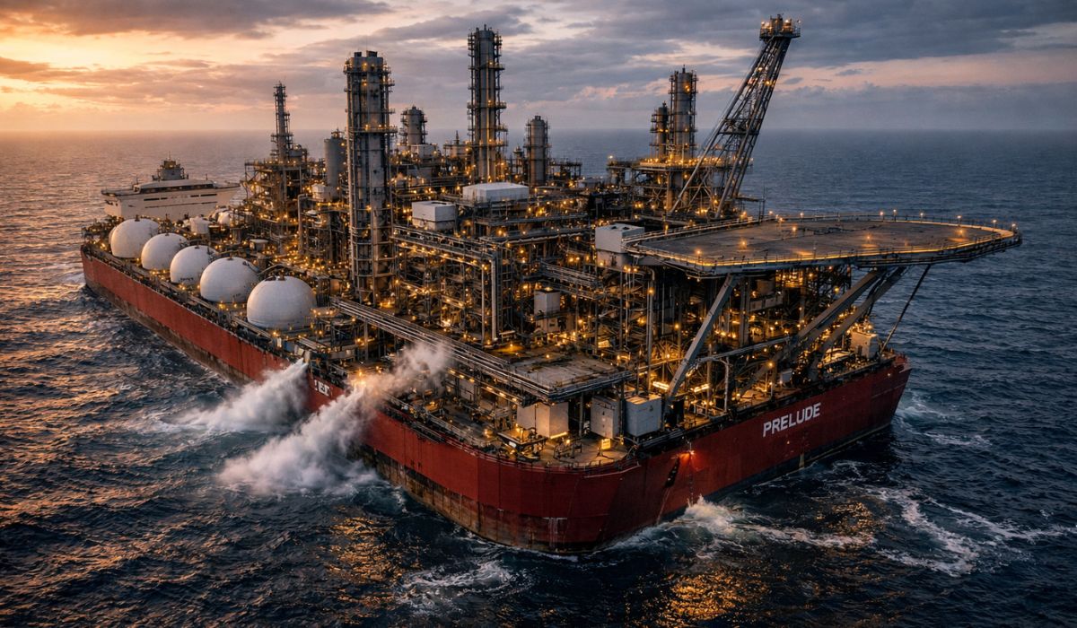 Conheça o Prelude FLNG, a gigantesca plataforma flutuante que processa e liquefaz gás natural no mar, mudando a logística global do GNL. (Imagem: Ilustração)