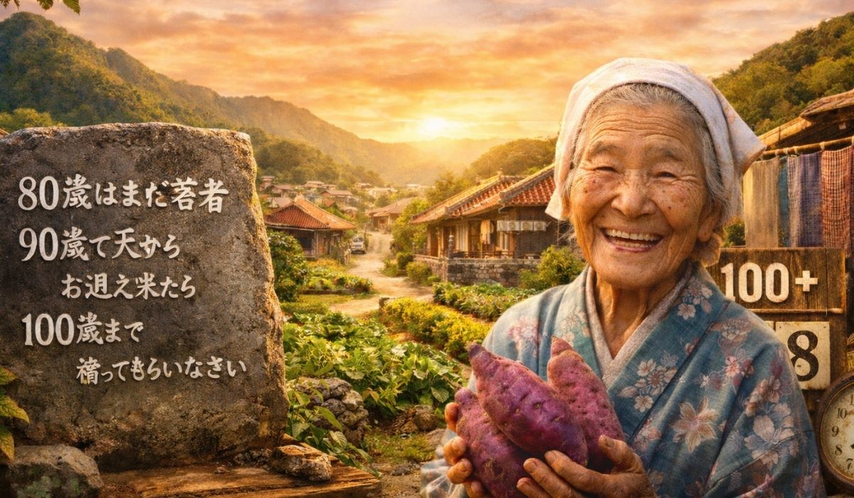 Ogimi, em Okinawa, virou símbolo de longevidade com dieta tradicional, vida ativa e forte vínculo social entre idosos. (Imagem: Ilustração)