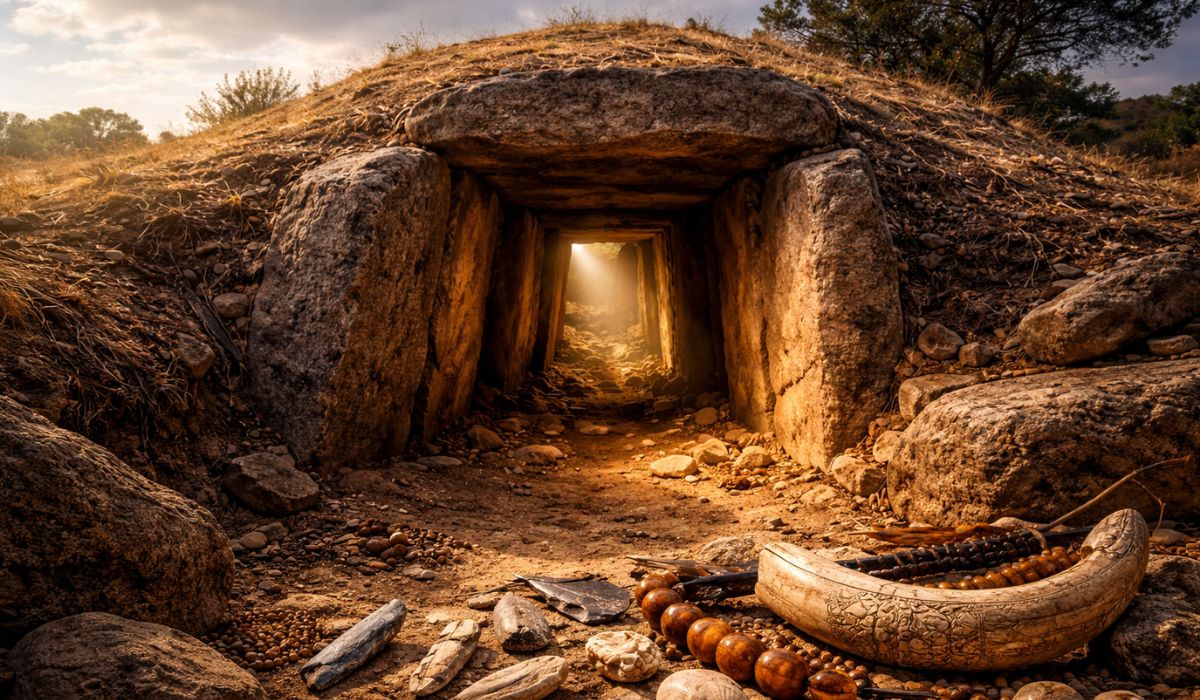 Arqueólogos descobrem em Málaga uma tumba de 5.000 anos com marfim, âmbar e vestígios que ampliam estudos da pré-história. (Imagem: Ilustração)