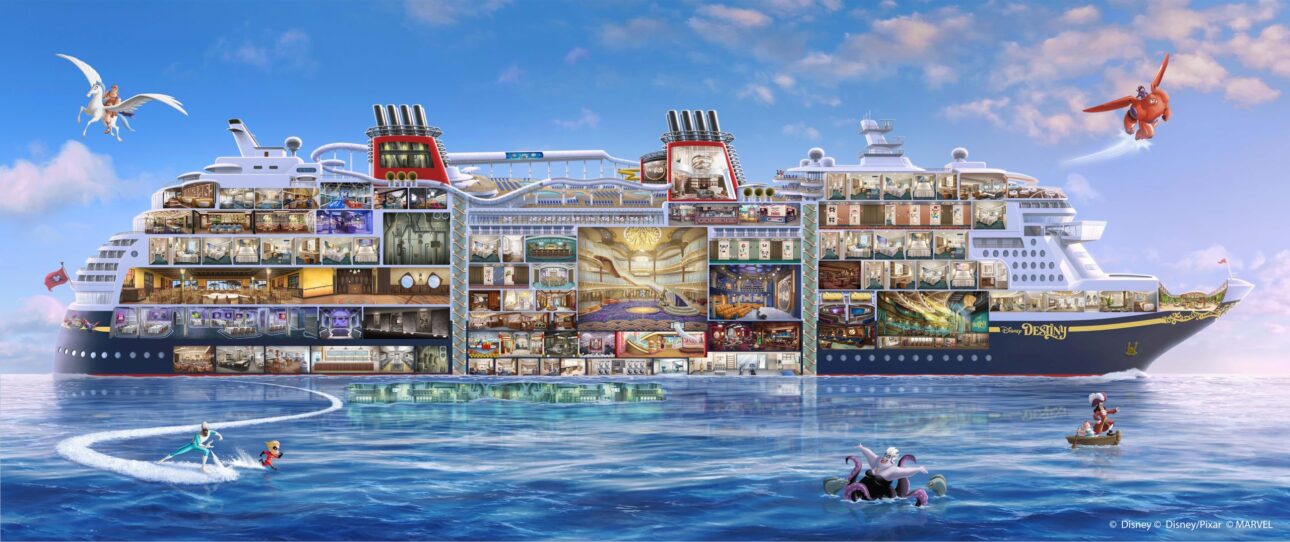 Con 208 mil toneladas, 342 metros de longitud y capacidad para 6 mil personas, el Disney Adventure transformó una carcasa abandonada en un astillero alemán en el mayor barco de crucero ya operado por Disney, comprado por € 40 millones de una empresa en quiebra y finalizado por US$ 1 mil millones en Singapur