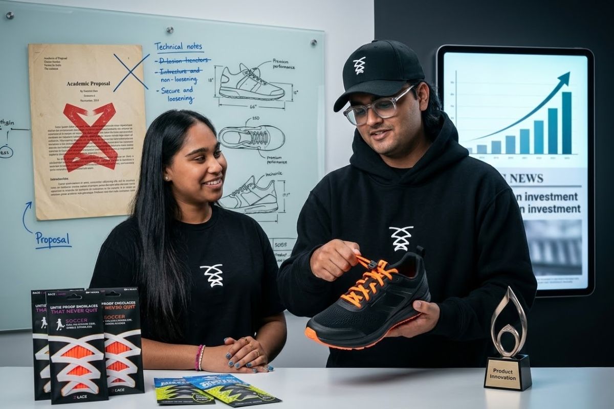 Na Universidade Estadual de Michigan, startup vira empresa inovadora de cadarços com ciência dos materiais e ganha força no Shark Tank.