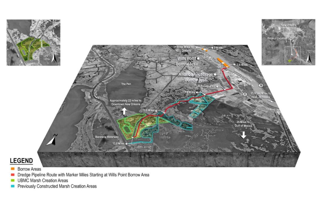 Las áreas húmedas de Louisiana son reconstruidas por dragas que extraen sedimento del Mississippi en Upper Barataria para devolver altura, estabilidad y protección a una costa que perdía tierra desde hacía décadas.
