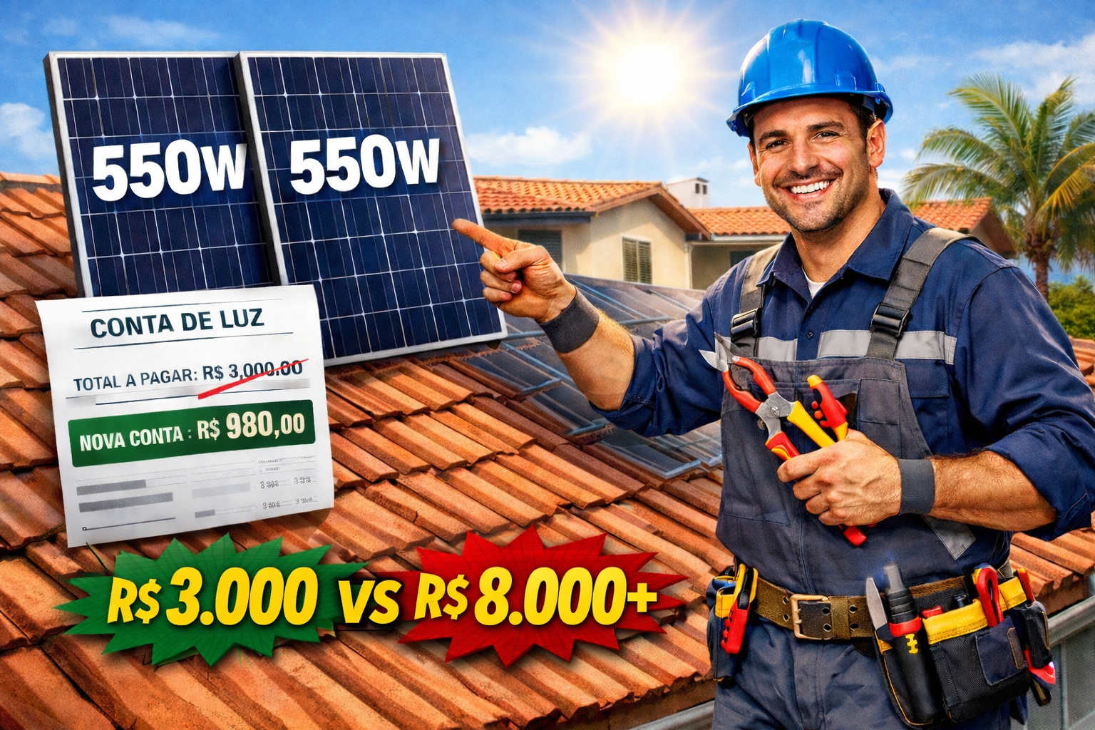 Adeus conta de luz alta: Eletricista mostra como instalar sistema solar com 2 placas de 550 W que pode reduzir até 30% do consumo, custa a partir de R$ 3.000 e sai muito mais barato que kit completo de R$ 8.000+