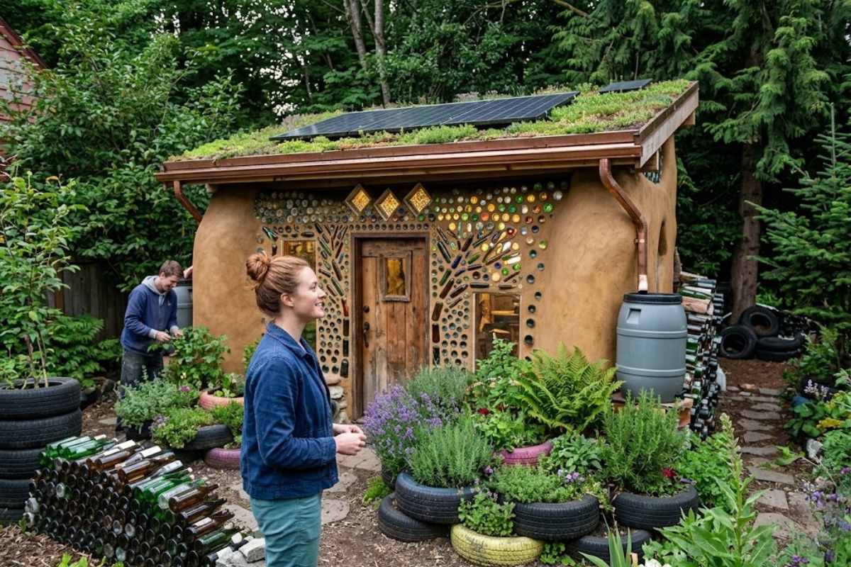 Earthship no Trash Studio: mini casa autossuficiente de arquitetura Earthship e vida fora da rede em Seattle, feita com pneus, garrafas e terra.