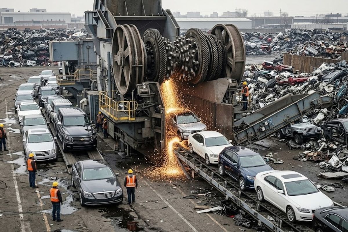 Máquinas monstruosas transformam sucata metálica em lucro quando trituradora industrial e prensa hidráulica esmagam carros e separam aço para um mercado bilionário.