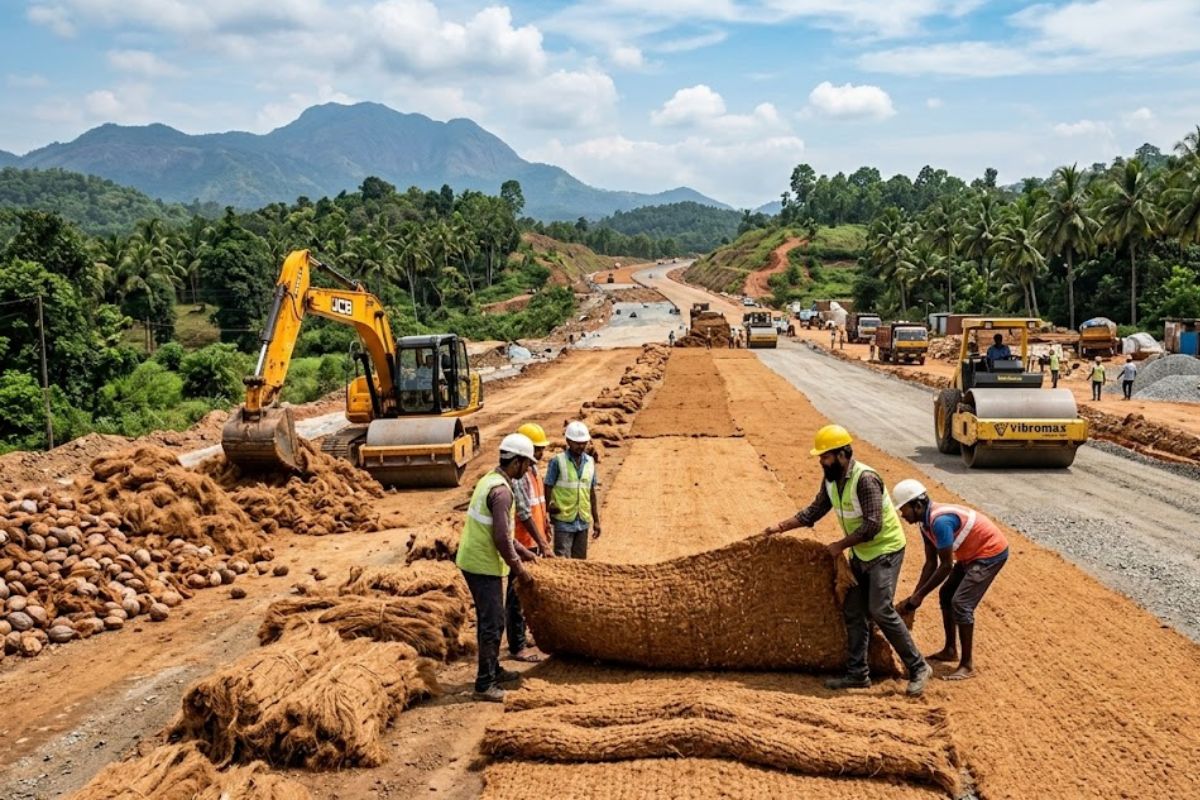 fibra de coco vira geotêxtil sob o asfalto, reforça o solo e ajuda a sustentar estradas na Índia.